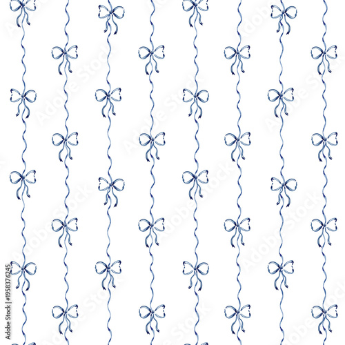 Seamless watercolor pattern with blue ribbons and hand-drawn bows. Decorative background for gift wrapping, wallpaper, and textile printing.