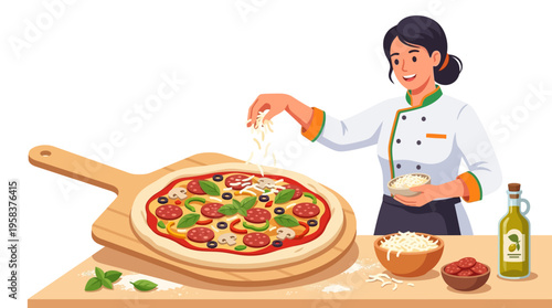 Woman chef preparing delicious pizza with fresh ingredients.