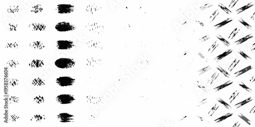 Abstract collection of black ink brush strokes and textured patterns