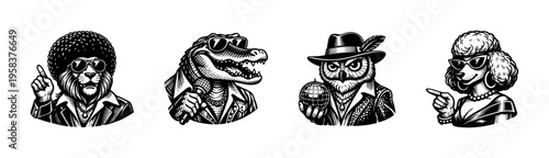 Black and white vector illustration of animals in retro attire featuring lion crocodile owl poodle
