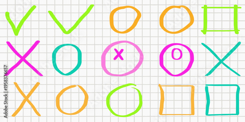 Hand drawn checkmarks circles x s and squares in various bright colors