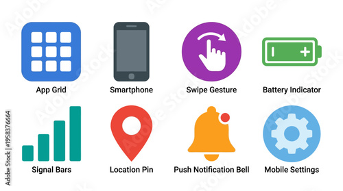 Vector graphics of various smartphone interface icons on a screen including app grid, smartphone, swipe gesture, signal bars, location pin, push notification, and mobile settings.