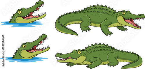 Crocodile collection with different poses swimming and resting wild reptile cartoon animal vector illustration set
