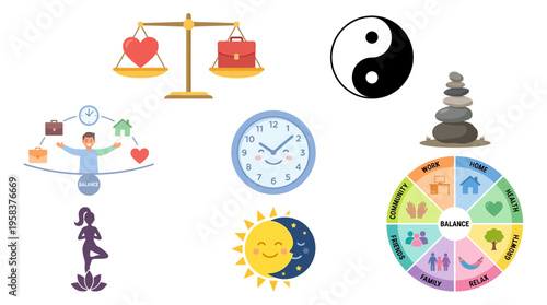 A vector illustration of a balanced lifestyle with symbols representing harmony, time, and nature's duality, surrounded by various icons of wellness and balance.