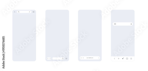 Mobile browser interface set in light theme with different search line and browser icons. Generic phone screen window, outline page bar with smartphone frame icon. Search template browser.