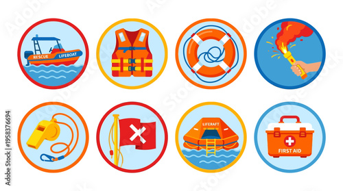 Vector graphics illustrate various safety icons on water with rescue boats and lifesaving equipment.