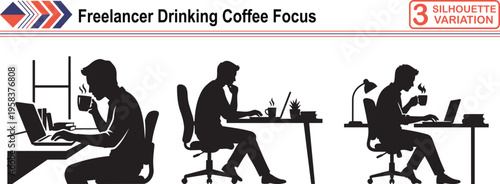 Freelancer Drinking Coffee at Desk, Concept of Remote Work Focus, Success and Morning Routine