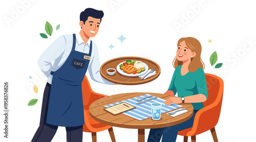 Waiter serving food to a woman at a restaurant table.