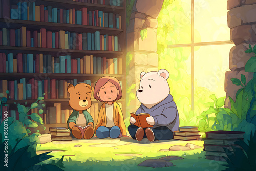 Children and Animals in a Peaceful Library