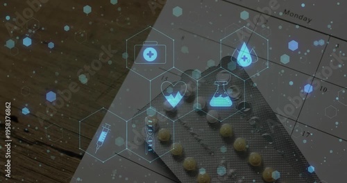 Animation of medical icons over pills and calendar