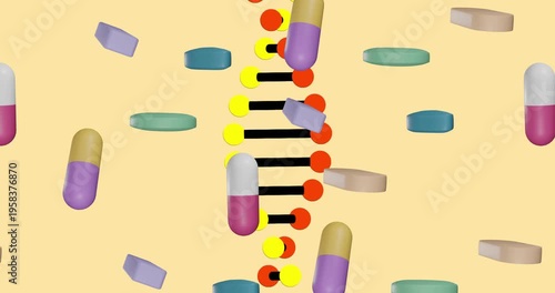 Animation of pills medication over dna strand spinning