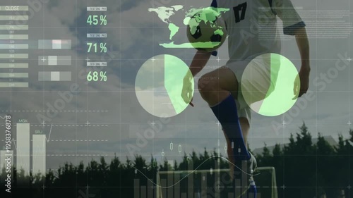 Juggling soccer ball, player with animation overlay showing global statistics in school