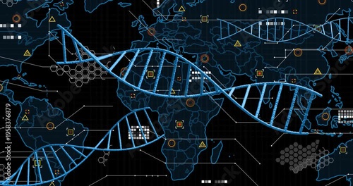 DNA strands and data processing over world map with Africa highlighted