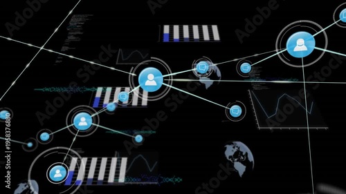 Network of connections and data processing animation over digital graphs and charts