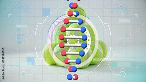 Neon green tennis balls rotating in flat lab scene, with molecular model overlay and HUD icons
