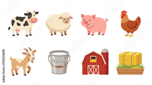 Farm animals and vector illustrations of a cow, sheep, pig, chicken, goat, bucket, barn, and hay in a rural landscape scene