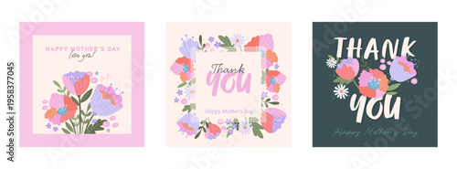 Lovely hand drawn Mother's Day designs, cute flowers and handwriting - great for cards, invitations, gifts, banners - vector designs