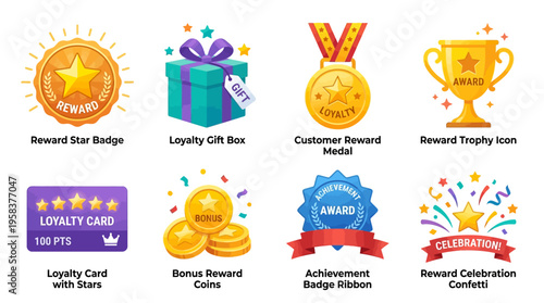 Vector graphics of various reward icons and badges, including stars, gifts, medals, and loyalty cards, celebrating achievements and customer appreciation in a digital illustration.