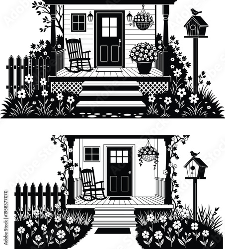 Black and white house front porch with garden, flowers, fence and lantern, cozy home exterior illustration, welcoming entrance residential design concept