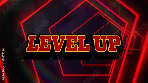 Glitchy teal waveform pulsing triggers morphing into 3D LEVEL UP signaling upgrade in neon tunnel