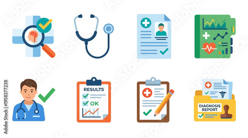 Medical vector icons show various healthcare symbols and signs in a modern vector style for digital health services and wellness.