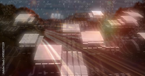 Grid sending glowing squares moving toward viewer along highway, binary stream rising showing data