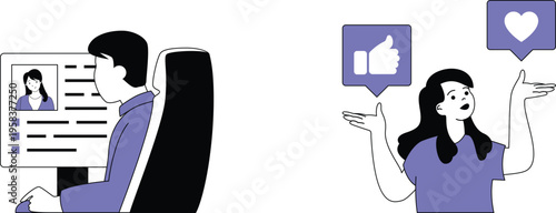 Dating profile and social media reactions illustrated with modern graphics