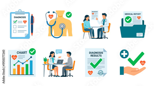 Healthcare professionals reviewing vector medical records and discussing diagnostic results in a modern office setting with charts and checklists.