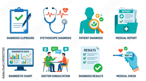 A vector illustration of a doctor's office with a clipboard, stethoscope, and patient files on a desk in a hospital.