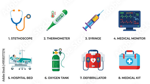 Medical vector illustrations of a stethoscope, thermometer, syringe, monitor, hospital bed, oxygen tank, defibrillator, and medical kit in a healthcare setting.