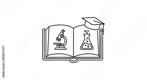 Science textbook illustration with a microscope flask and graduation cap