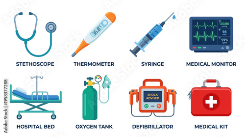 A vector graphic illustration of medical equipment including a stethoscope, thermometer, syringe, and hospital bed in a healthcare setting with a defibrillator and medical kit nearby.