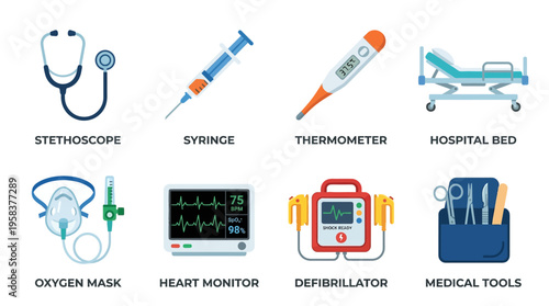 Medical vector illustration set of various healthcare tools and equipment for doctors in a hospital room environment.