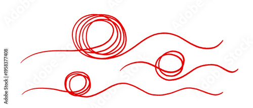 Red thread tangled in whimsical loops and knots, creating an abstract doodle illustration. Perfect for textile, embroidery or craft design project with thread. Vector hand drawn collection isolated