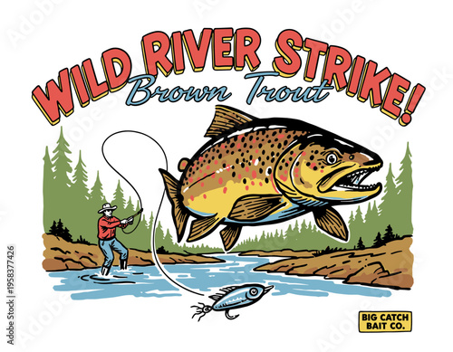 Vintage brown trout fishing scene with fisherman and forest river landscape, retro graphic illustration for t-shirt design