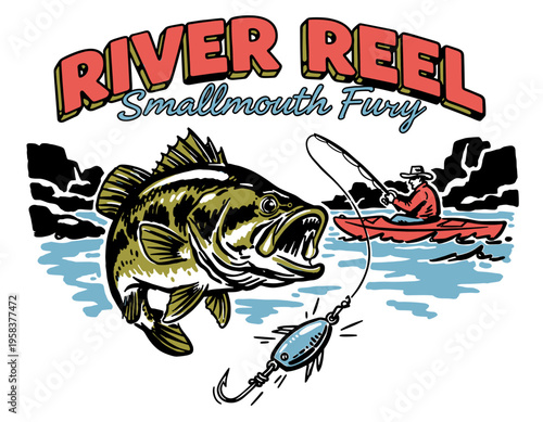 Vintage smallmouth bass fishing illustration with fisherman in kayak, retro river reel text mascot vector for t-shirt design.