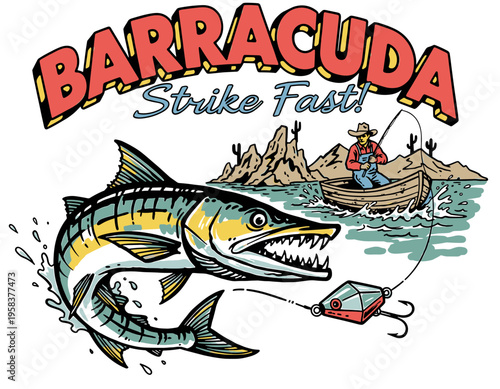Vintage barracuda fishing mascot with fisherman in boat and desert background, retro wild fish strike vector illustration for t-shirt design