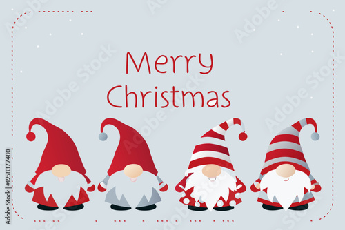 Festive christmas card featuring four adorable gnomes and holiday greetings