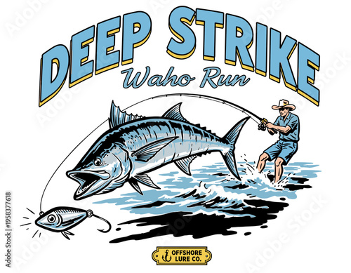 Deep strike wahoo run offshore fishing mascot, vintage comic style fisherman and leaping fish illustration for t-shirt design