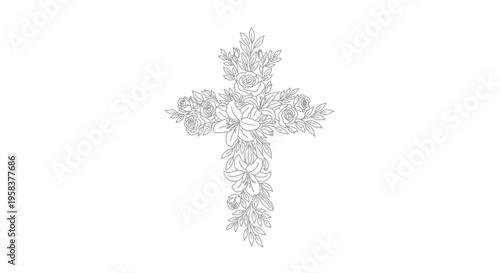 Floral Cross Line Art - Elegant Religious Symbol with Flowers and Leaves