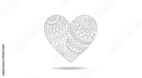 Ornate Heart Outline Drawing with Tribal Patterns on White Background