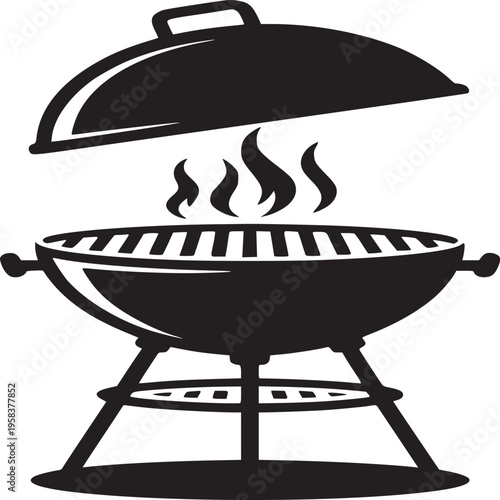 A black and white illustration of a barbecue grill with the lid open and smoke rising up from it