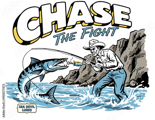 Vintage western style sport fishing illustration with cowboy catching large predatory fish, retro comic book graphic for t-shirt design