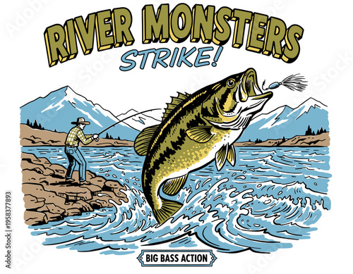 Vintage fishing illustration with jumping largemouth bass and angler, river monsters strike graphic for t-shirt design