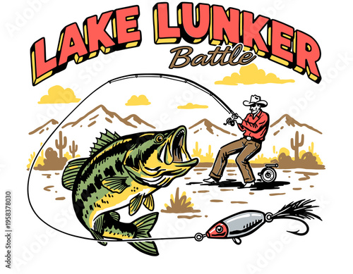 Vintage fishing tournament poster with cowboy fisherman catching a large bass, Lake Lunker Battle retro vector illustration for t-shirt design