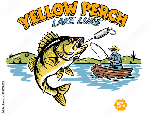 Vintage yellow perch fish jumping for lake lure with fisherman in boat, retro outdoor adventure mascot vector illustration for t-shirt design