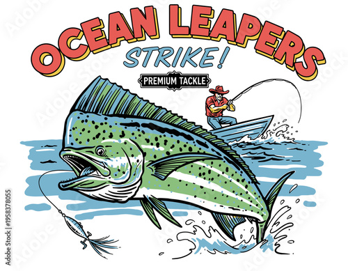 Mahi mahi dolphinfish jumping with fisherman in boat, vintage retro graphic illustration for fishing apparel and t-shirt design