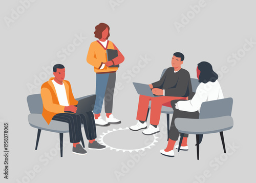 Diverse group of professionals engaged in a collaborative meeting or therapy session