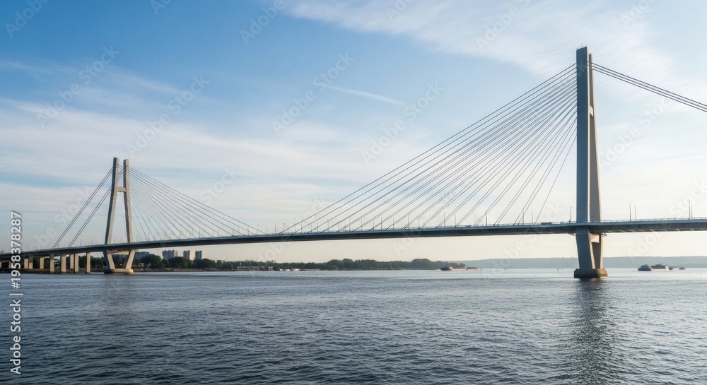 Fototapeta premium Cable stayed bridge over water with cityscape and blue sky background