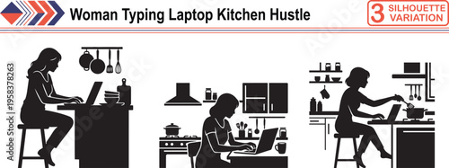 Woman Typing on Laptop in Kitchen, Concept of Remote Work, Busy Life and Digital Hustle